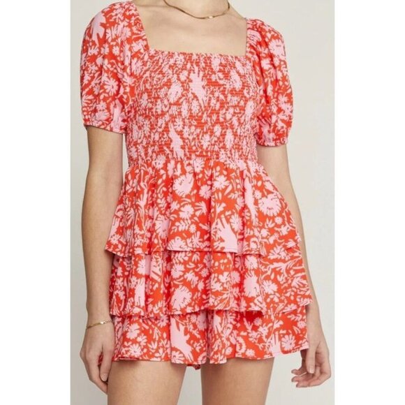 Entro Red Pink Floral Y2K Romper M Boho Romantic Grunge Festival Tiered Ruffle - Picture 1 of 11